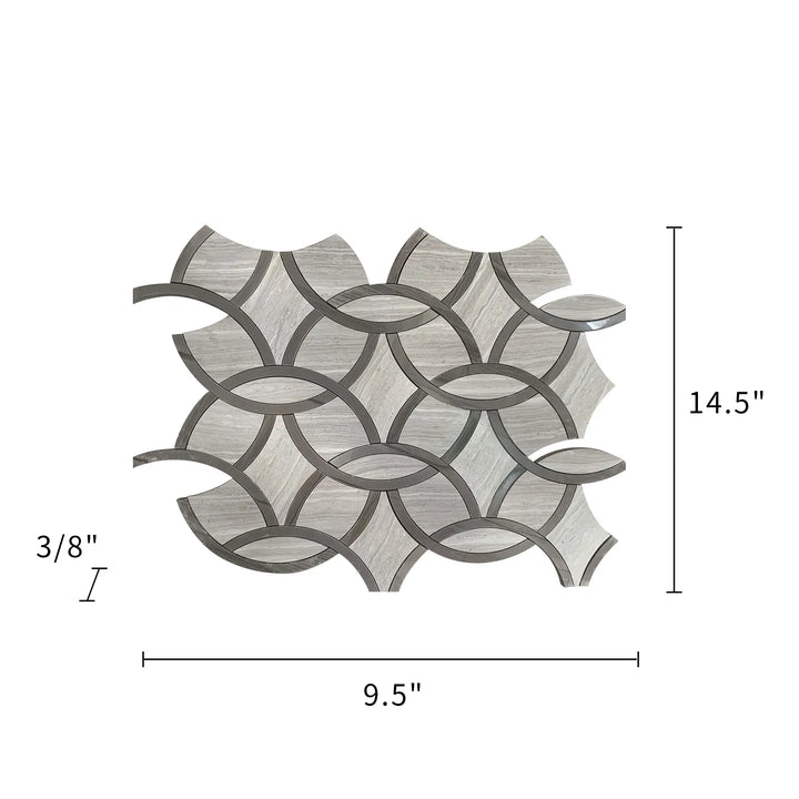 Size diagram of WW & Athens Gray Interlocking Circles Waterjet Mosaic – 9.5x14.5 inch tile labeled for wall and floor use