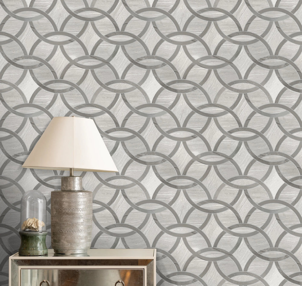 Bathroom wall featuring WW & Athens Gray Interlocking Circles Waterjet Mosaic – elegant and artistic marble accent design