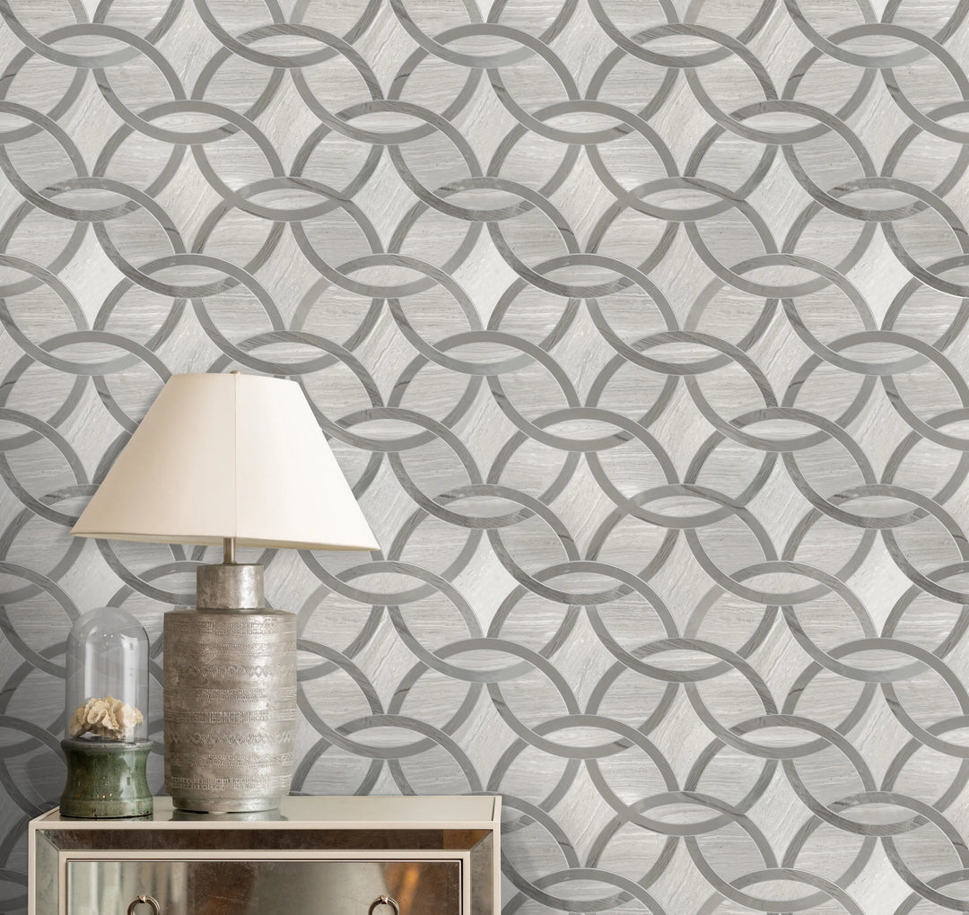Bathroom wall featuring WW & Athens Gray Interlocking Circles Waterjet Mosaic – elegant and artistic marble accent design