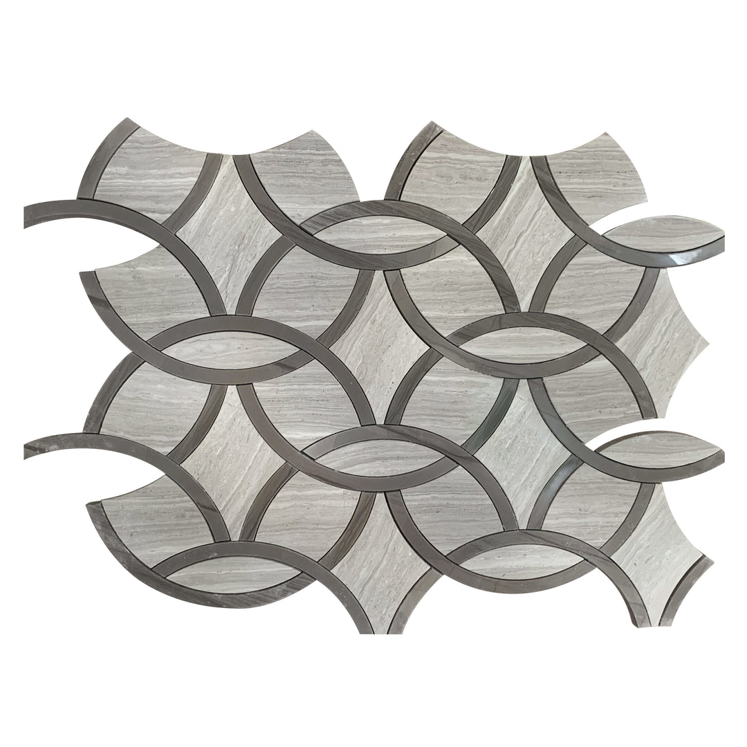 Single 9.5x14.5 inch WW & Athens Gray Interlocking Circles Waterjet Mosaic Tile – polished marble surface with artistic circular pattern, 0.96 sq. ft per piece