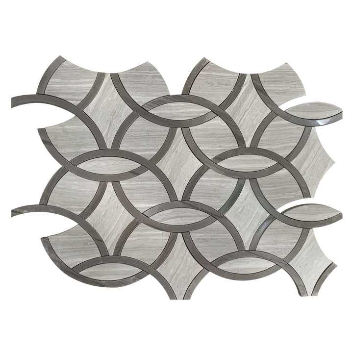 Single 9.5x14.5 inch WW & Athens Gray Interlocking Circles Waterjet Mosaic Tile – polished marble surface with artistic circular pattern, 0.96 sq. ft per piece