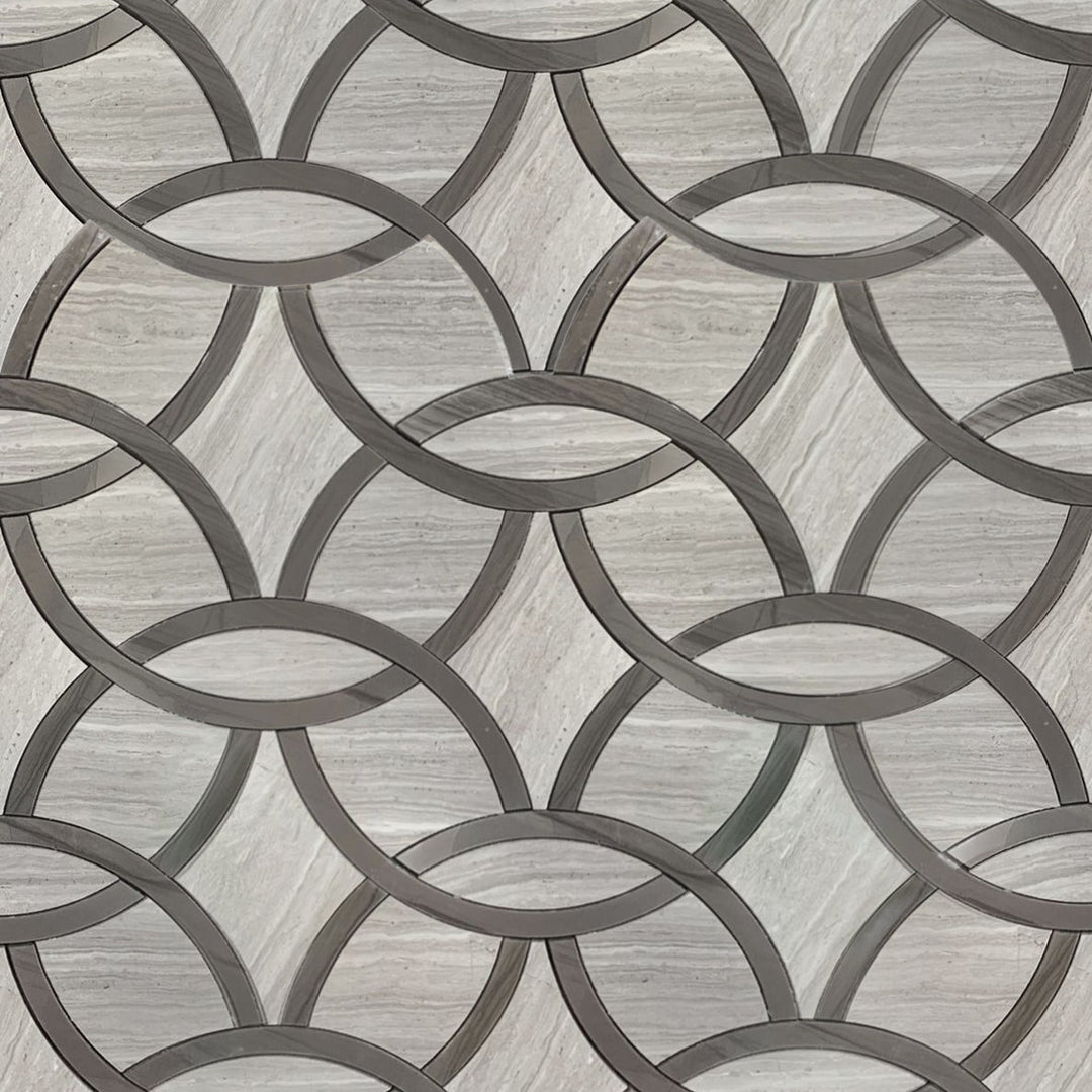 Sample board of WW & Athens Gray Waterjet Mosaic Tile – featuring interlocking circle design in polished marble finishs
