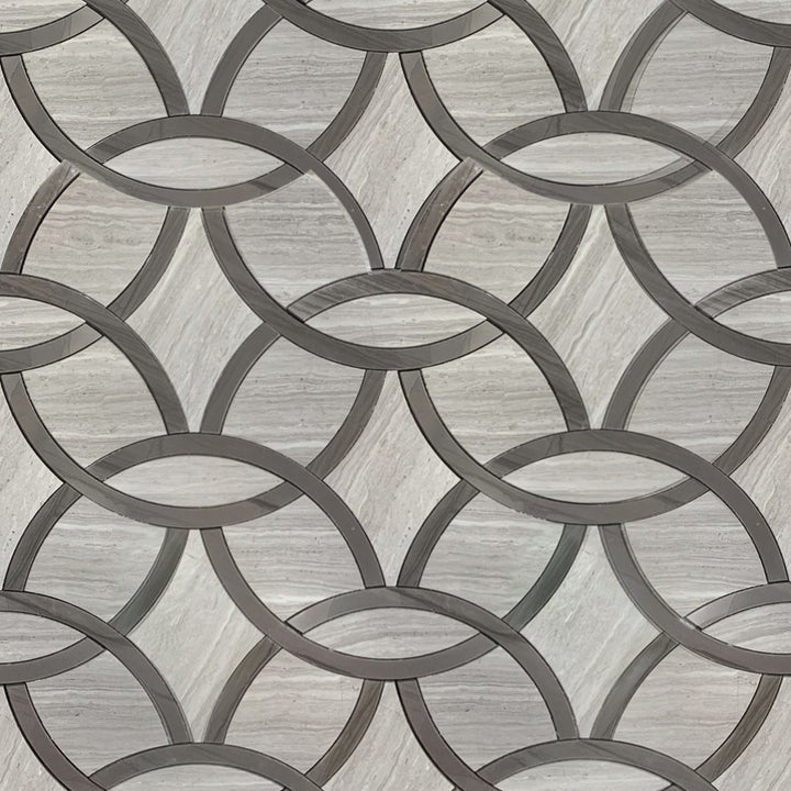 Sample board of WW & Athens Gray Waterjet Mosaic Tile – featuring interlocking circle design in polished marble finishs