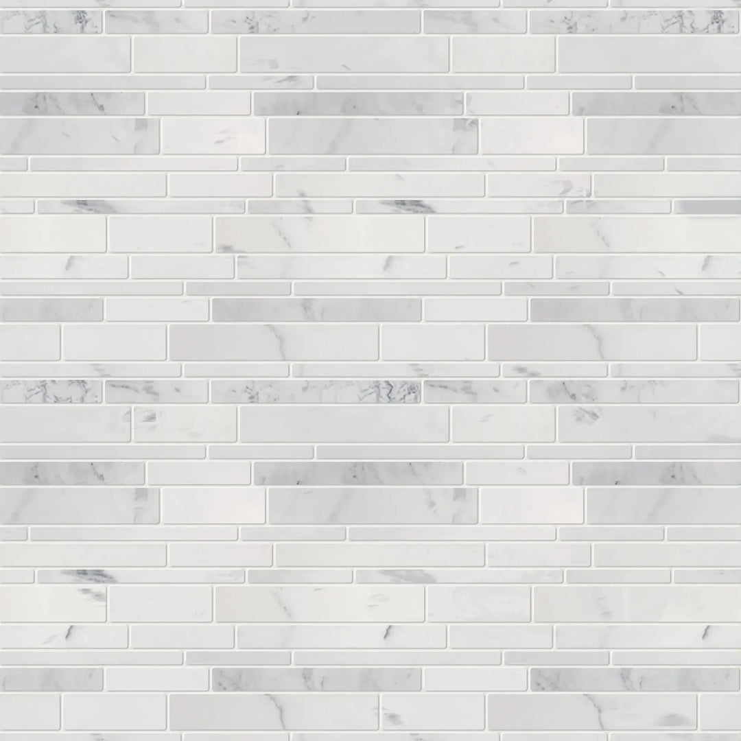 Sample board of Calacatta Random Liners Marble Mosaic Tile – showroom-ready layout of honed marble strips