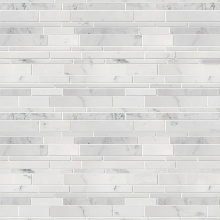 Sample board of Calacatta Random Liners Marble Mosaic Tile – showroom-ready layout of honed marble strips
