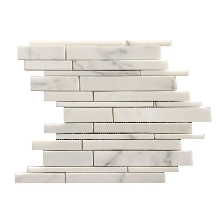 Single sheet of Calacatta Random Liners Mosaic Tile – 12x12 inch honed marble in linear random strip pattern