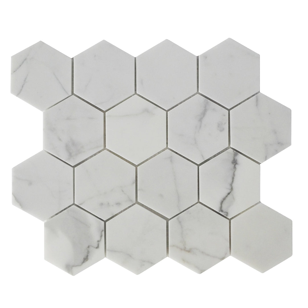 Single 3-inch Calacatta Hexagon Honed Marble Mosaic Tile – 12x10 inch real Calacatta Gold