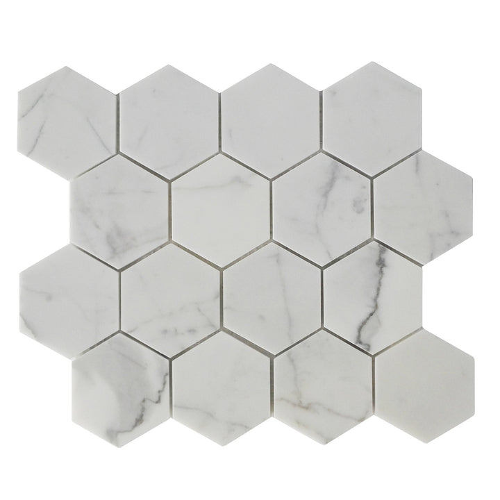 Single 3-inch Calacatta Hexagon Honed Marble Mosaic Tile – 12x10 inch real Calacatta Gold