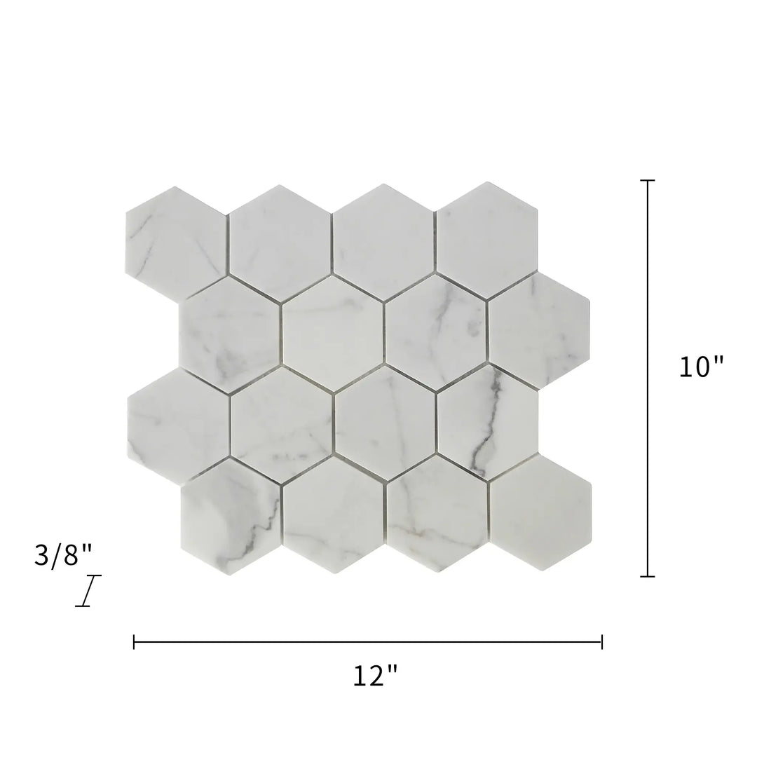 Size diagram of 12x10 inch Calacatta Hexagon Honed Marble Mosaic Tile – labeled layout and dimensions
