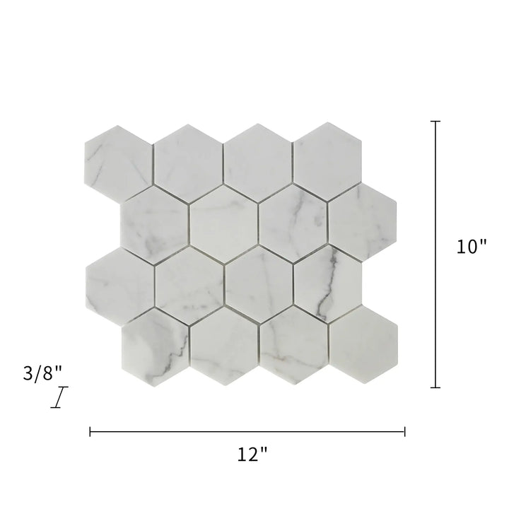 Size diagram of 12x10 inch Calacatta Hexagon Honed Marble Mosaic Tile – labeled layout and dimensions