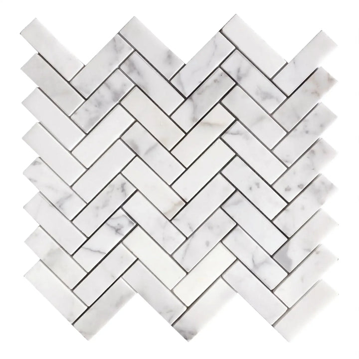 Single Calacatta Herringbone Mosaic Tile – 12x13 inch honed marble with classic herringbone pattern