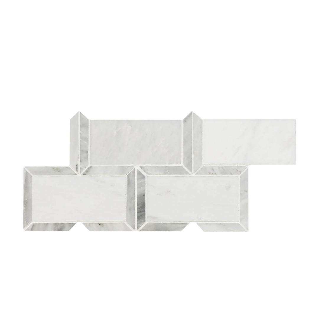 Single Oriental White Subway Mosaic Tile with Carrara Border – 15x7 inch polished marble subway tile with elegant border