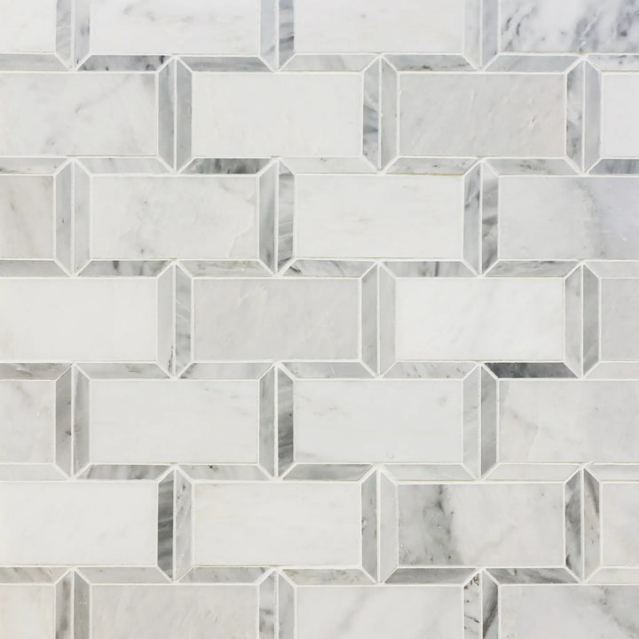 Sample board displaying Oriental White Subway Tile with Carrara Border – polished marble mosaic for showroom display
