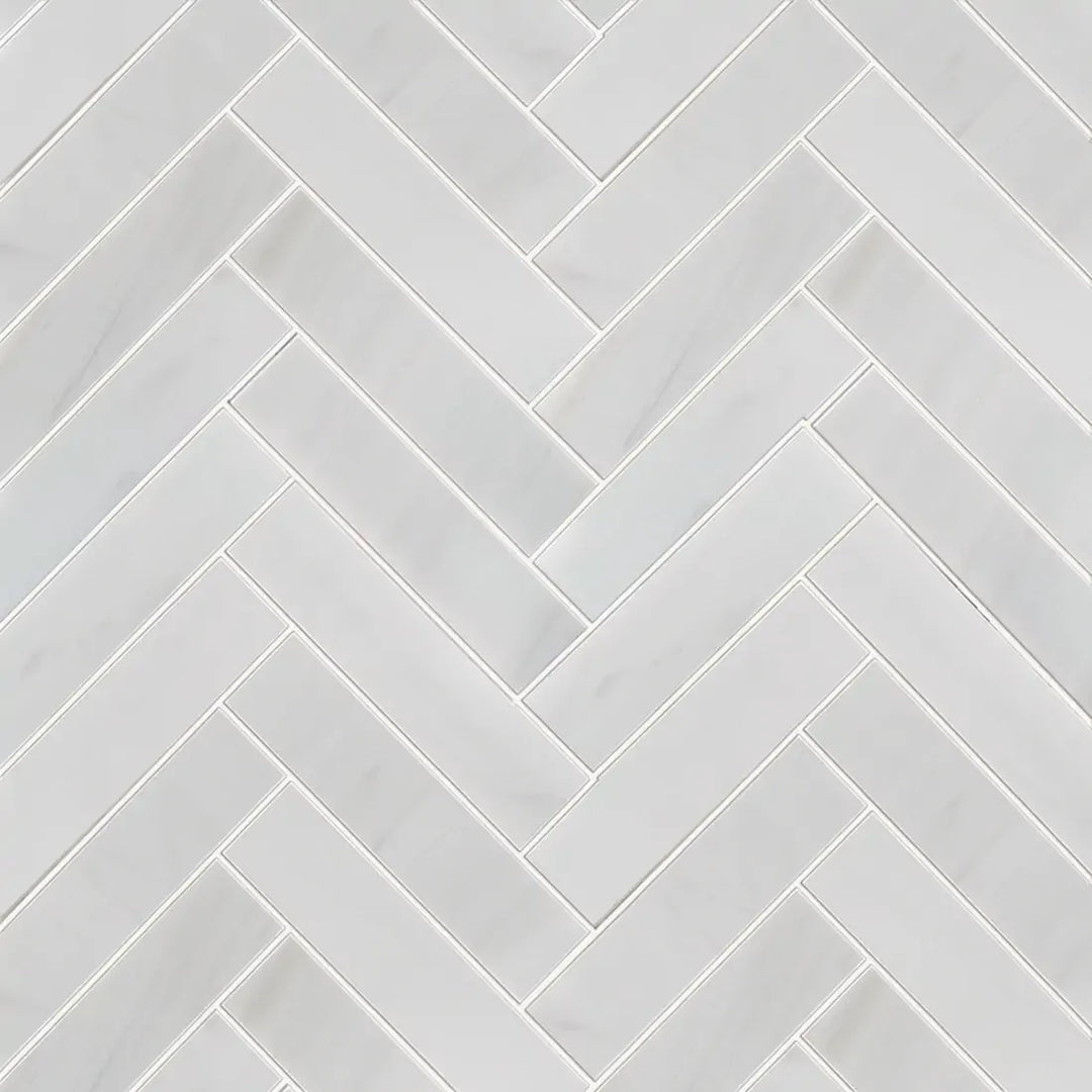 Sample display board of Calacatta Herringbone Polished Marble Mosaic Tile – polished marble for showroom and presentation