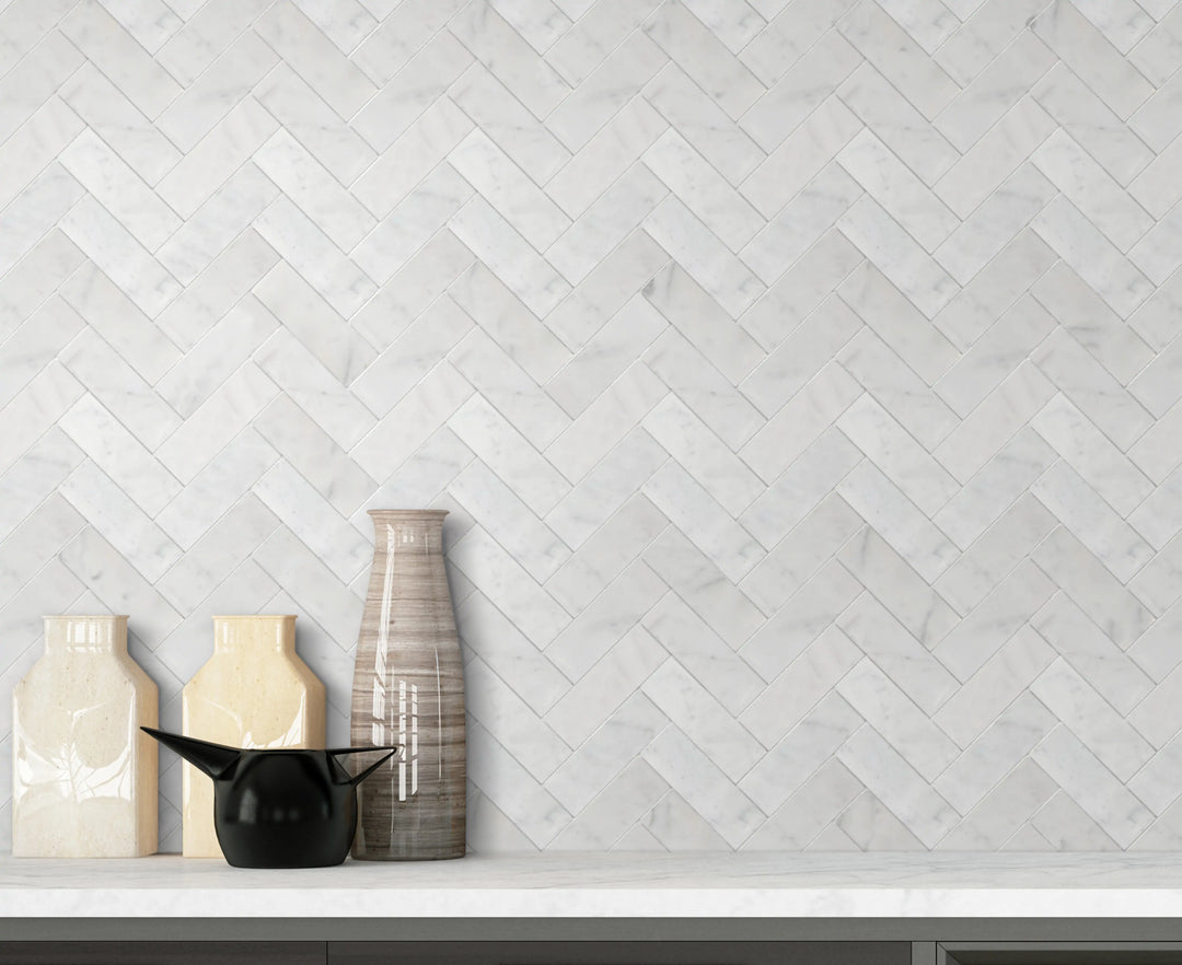 Kitchen backsplash with Calacatta Herringbone Polished Marble Mosaic Tile – refined marble pattern adds elegance