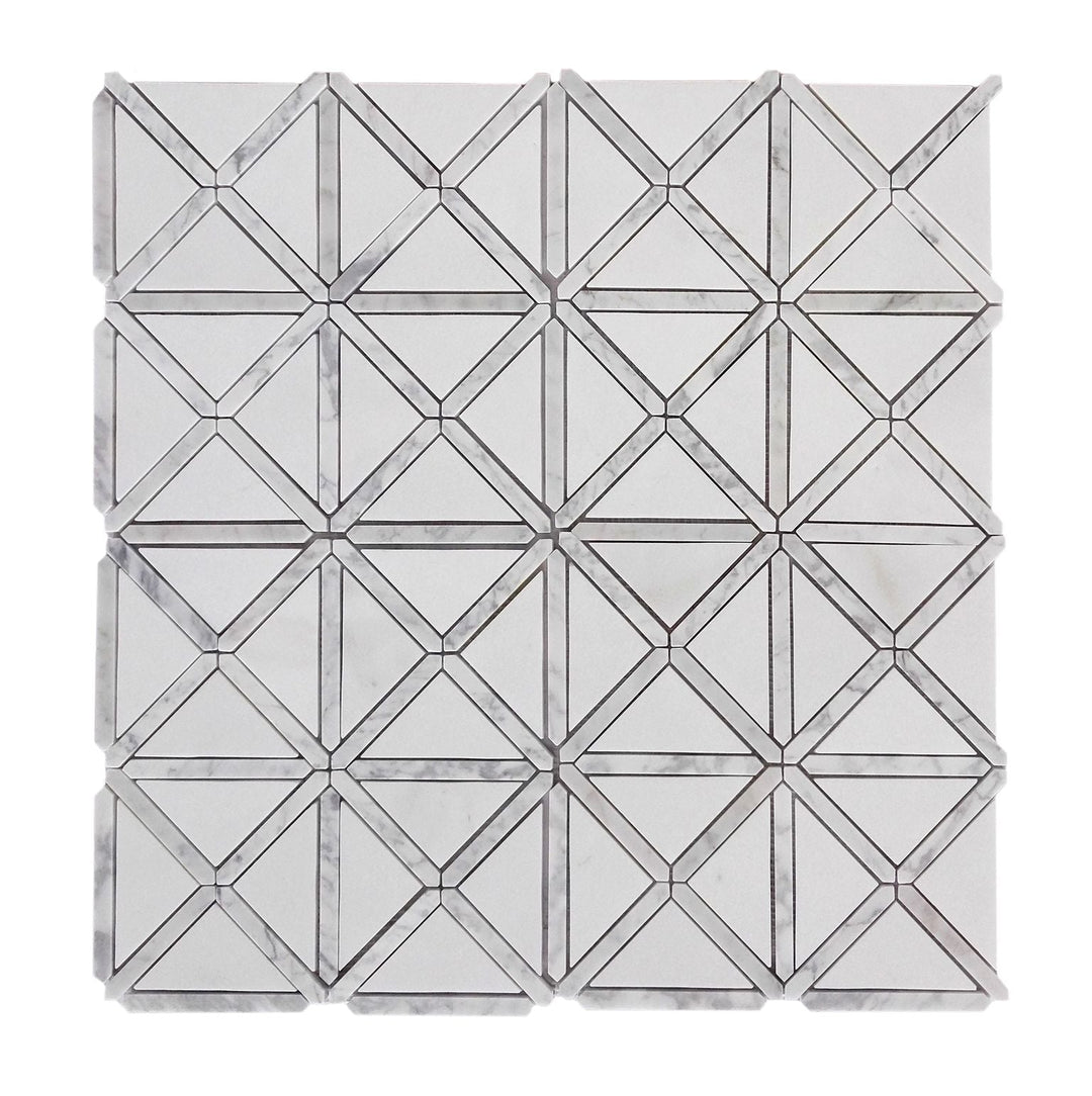 Single 12x12 inch Bianco Carrara and Thassos White X Pattern Polished Marble Mosaic Tile – elegant polished marble in white and gray cross pattern