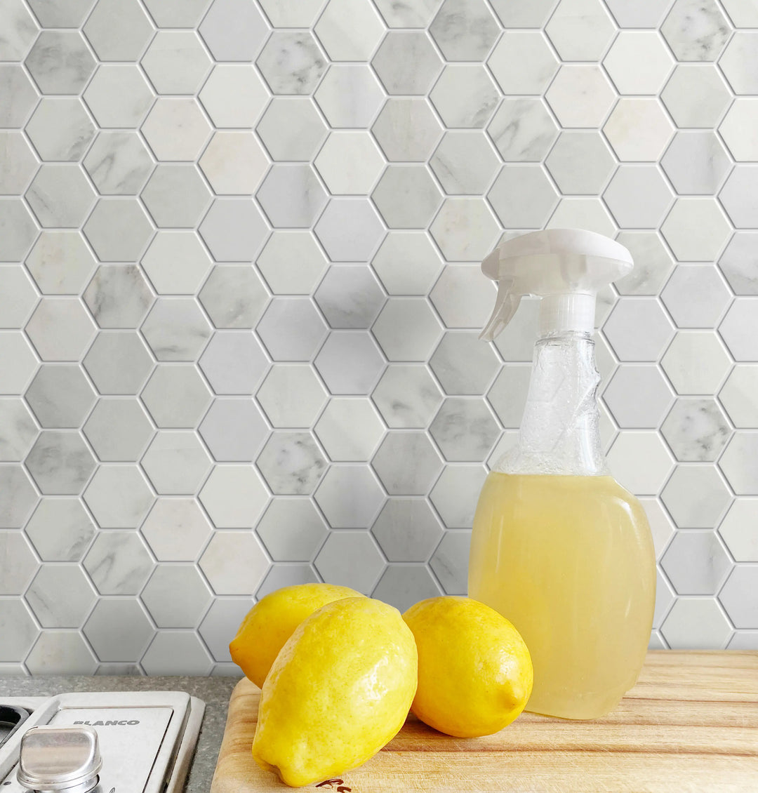 Kitchen backsplash with Calacatta Polished Marble Hexagon Mosaic – refined 2-inch hex tile in luxury finish