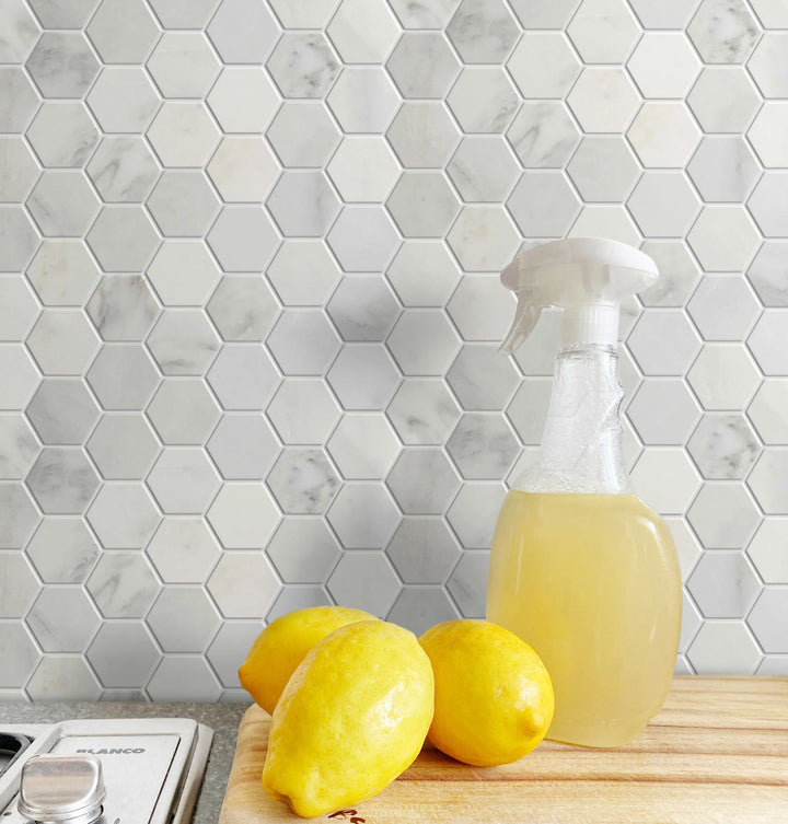 Kitchen backsplash with Calacatta Polished Marble Hexagon Mosaic – refined 2-inch hex tile in luxury finish