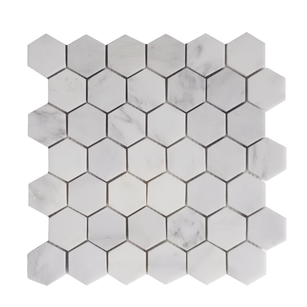 Single 2-inch Calacatta Hexagon Polished Marble Mosaic Tile – 12x12 inch mesh-mounted sheet