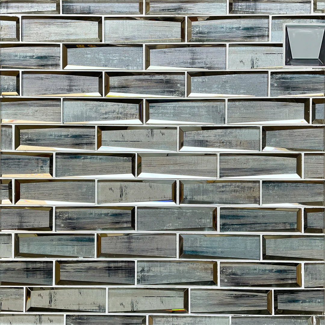 Sample board of Blue & Gray Wood Grain 3D Glass Mosaic Tiles – showcasing wood-texture glass design in a 12x12 format