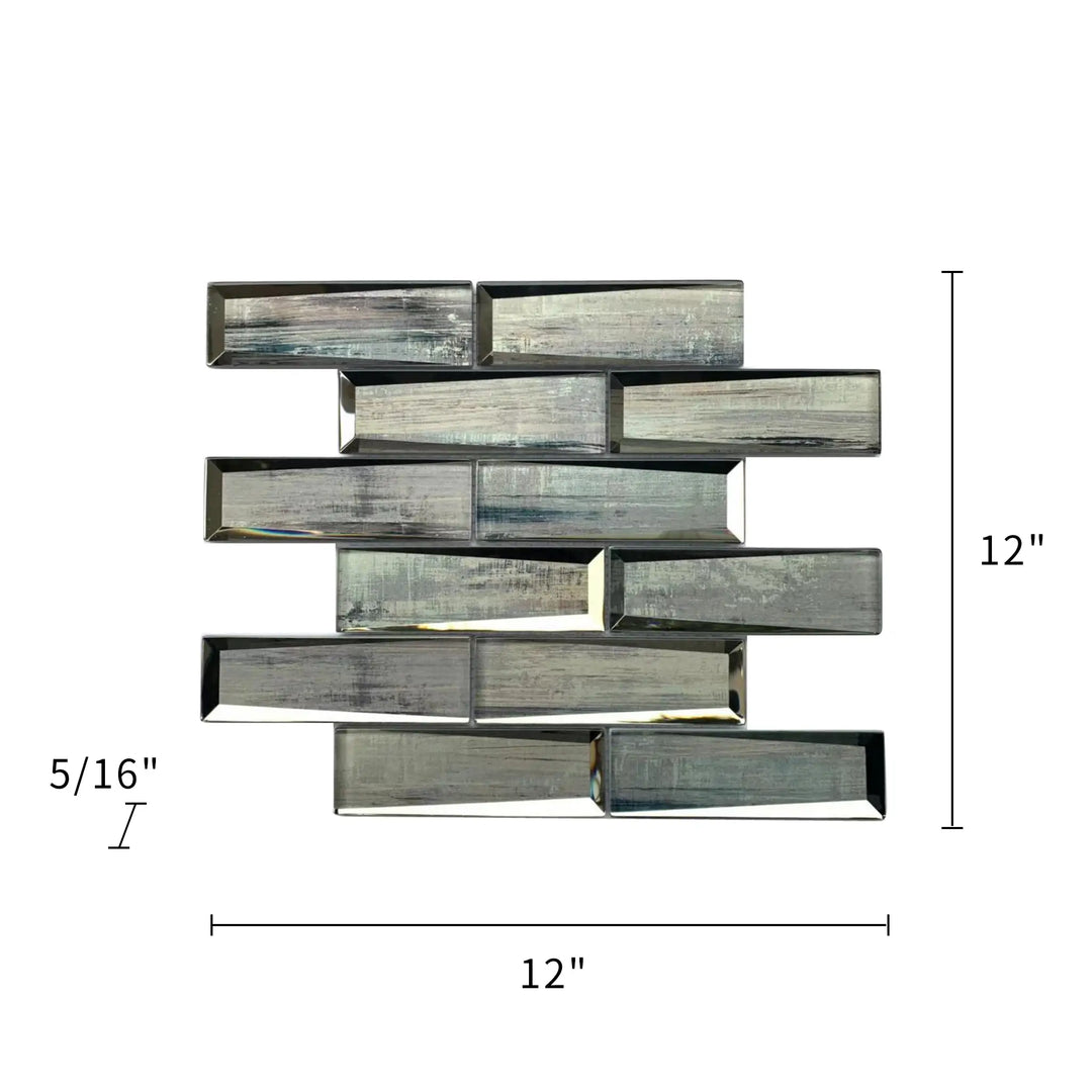 Size diagram of Blue & Gray Wood Grain 3D Glass Mosaic Tile – 12x12 inch layout, labeled for wall application