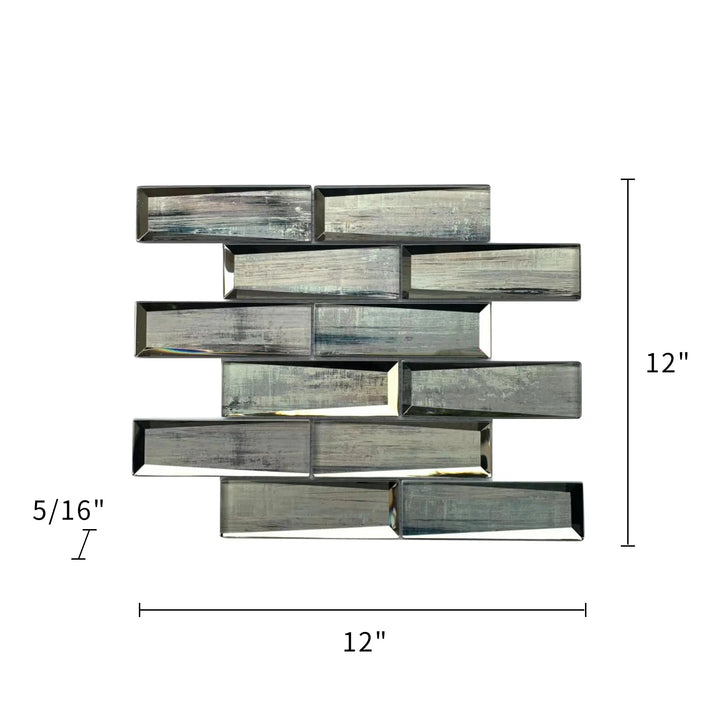 Size diagram of Blue & Gray Wood Grain 3D Glass Mosaic Tile – 12x12 inch layout, labeled for wall application