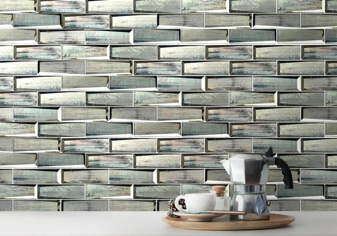 Kitchen backsplash featuring Blue & Gray Wood Grain 3D Glass Mosaic Tiles – adding texture and depth with wood-style glass mosaic