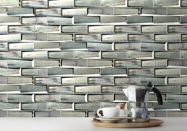 Kitchen backsplash featuring Blue & Gray Wood Grain 3D Glass Mosaic Tiles – adding texture and depth with wood-style glass mosaic