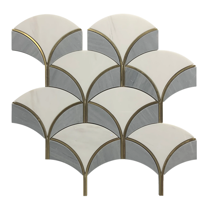 Single piece of Thassos & Gray Shell Waterjet Mosaic Tile – diamond pattern with polished finish and gold accents