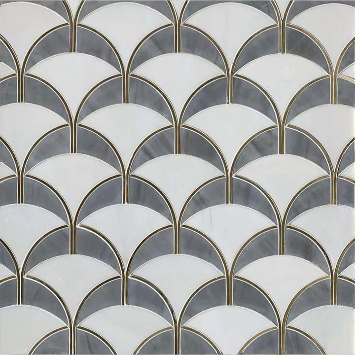 Thassos and Shell Waterjet Mosaic sample layout – diamond pattern tiles with elegant gold edge on display board