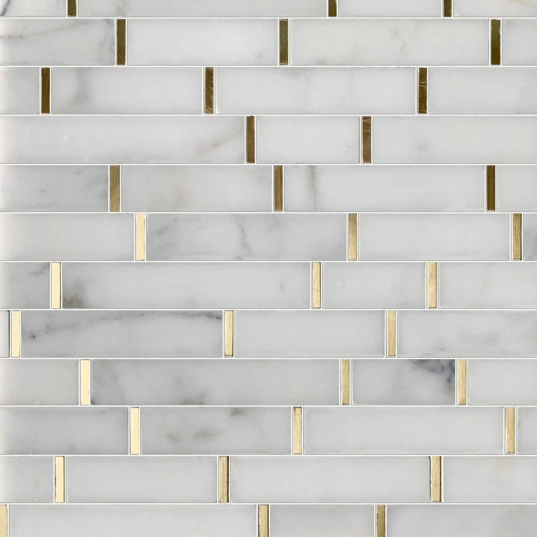 Display board of Calacatta Marble with Gold Accent Waterjet Mosaic – showroom sample of elegant polished marble tile in random pattern