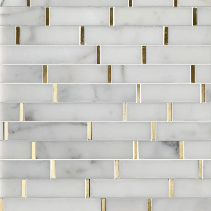 Display board of Calacatta Marble with Gold Accent Waterjet Mosaic – showroom sample of elegant polished marble tile in random pattern