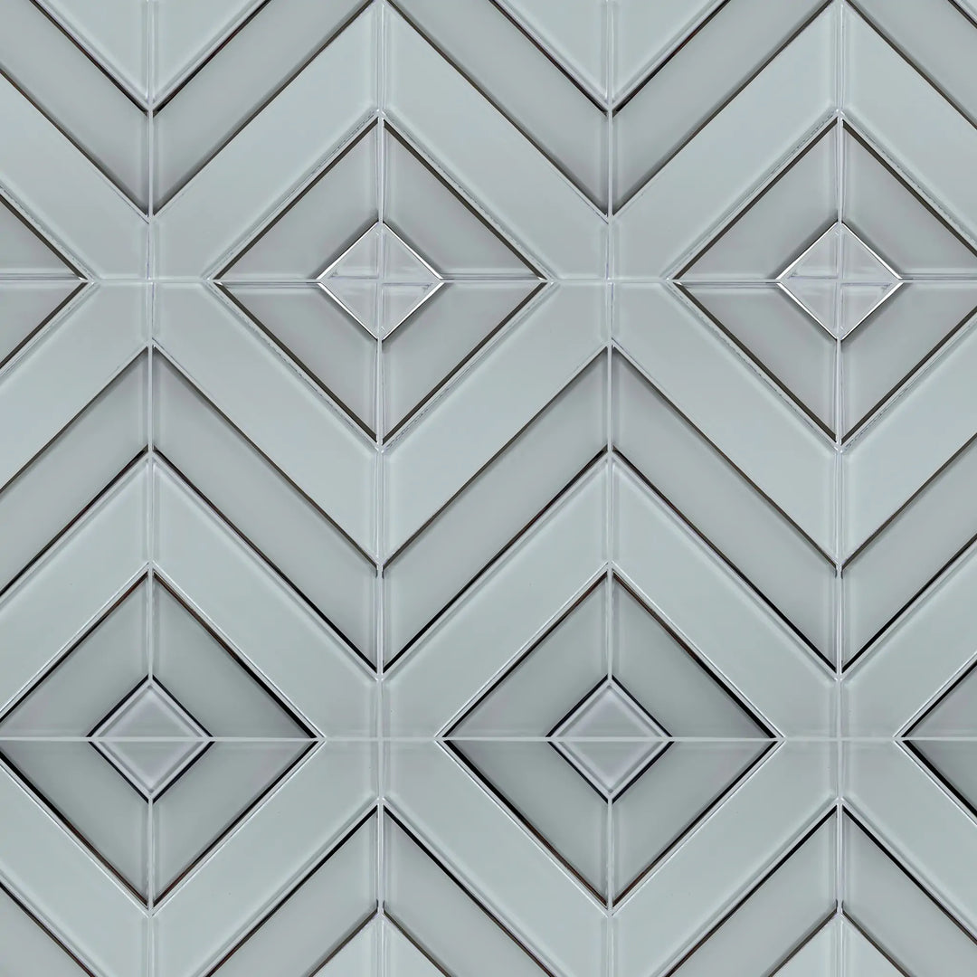 Sample display board of 12x12 inch Diamond Chevron Glass Mosaic Tiles with Metallic Edge – showcasing stylish chevron pattern and metallic finish