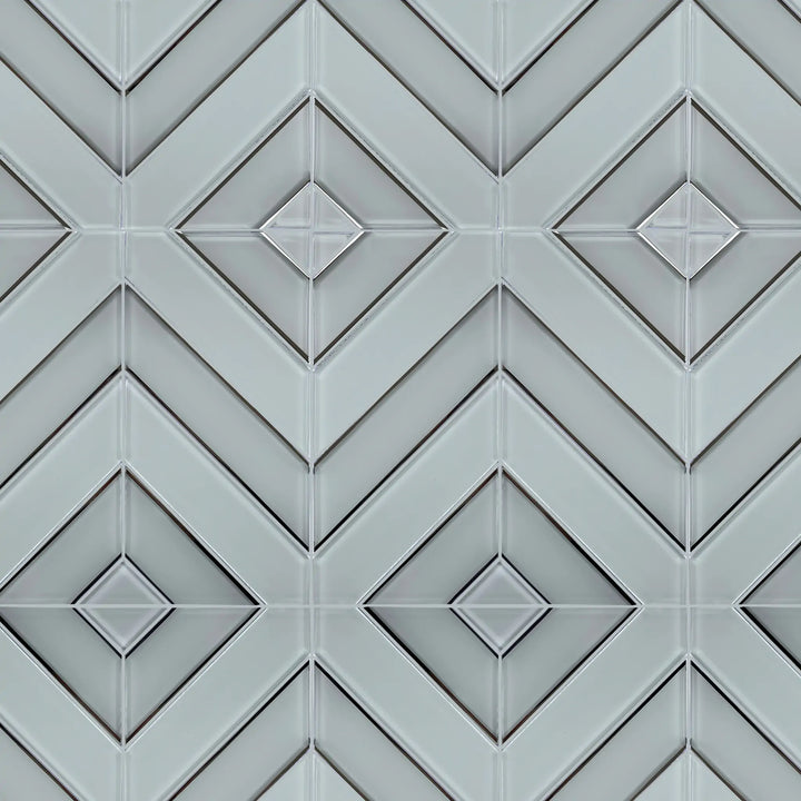 Sample display board of 12x12 inch Diamond Chevron Glass Mosaic Tiles with Metallic Edge – showcasing stylish chevron pattern and metallic finish