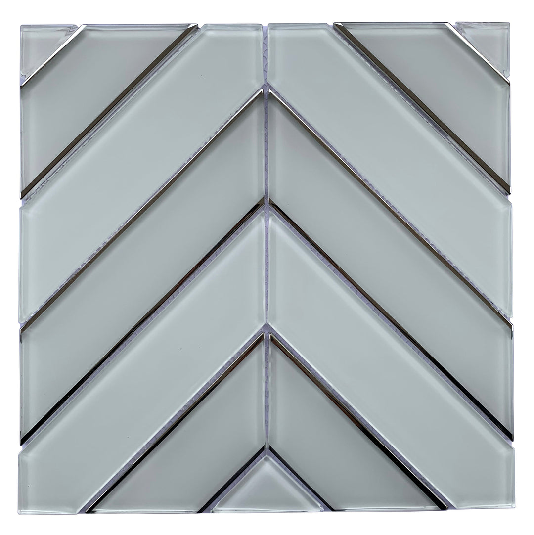 Single 12x12 inch Diamond Chevron Glass Mosaic Wall Tile with Metallic Edge – stylish chevron pattern with metallic accents, 1 sq. ft per piece