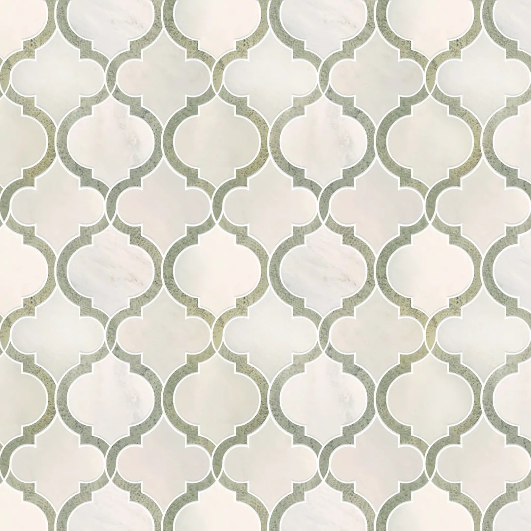 Sample display board of Oriental White and Antique Mirror Lantern Tile – polished marble and mirror combination for showroom visual