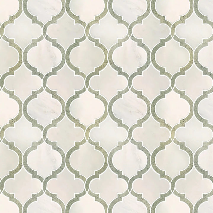 Sample display board of Oriental White and Antique Mirror Lantern Tile – polished marble and mirror combination for showroom visual