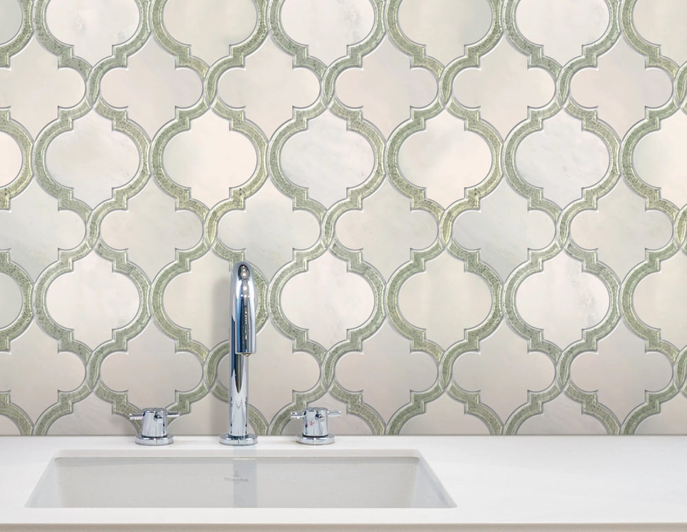 Kitchen backsplash with Oriental White and Antique Mirror Lantern Tile – elegant marble and mirror pattern adds luxury to cooking space