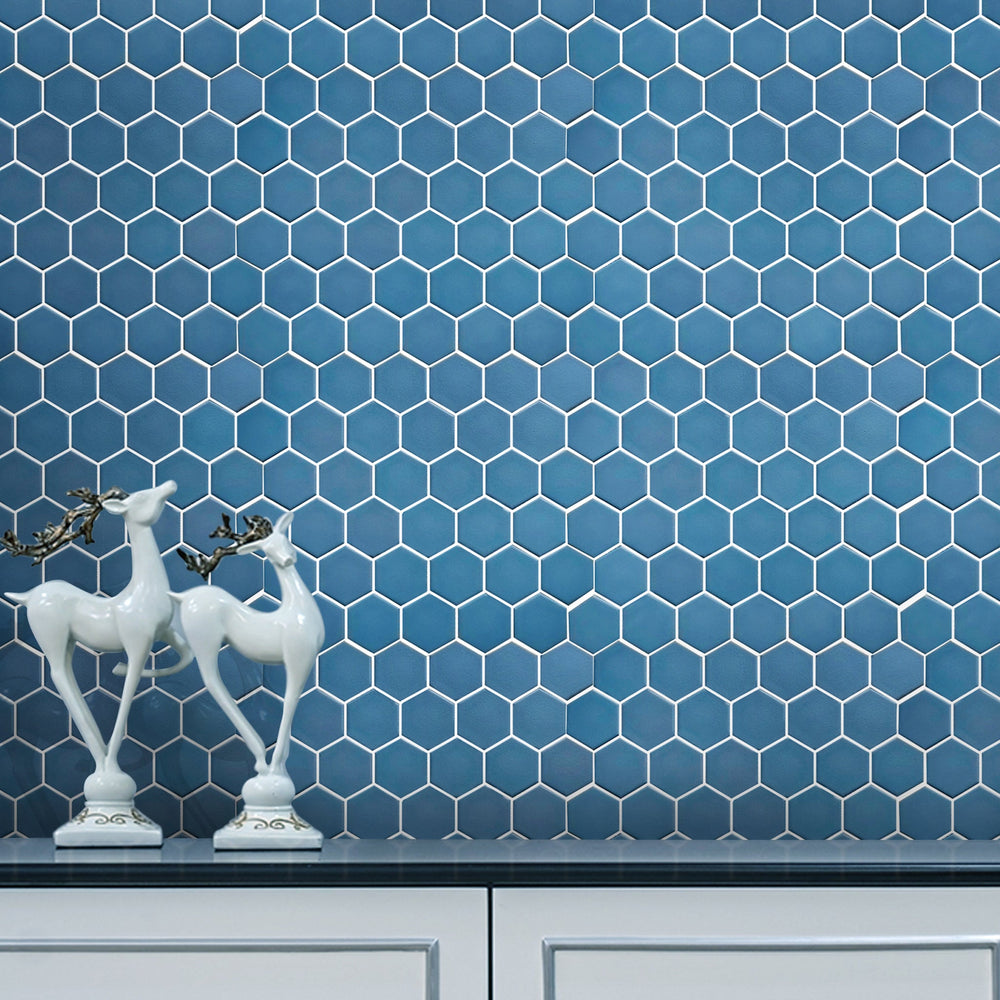 Kitchen backsplash with Wave Navy Blue 2-in Hexagon Matte Porcelain Mosaic Tile – rich navy tones add depth and style.