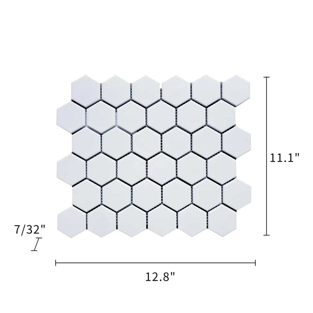Size diagram of 13x11 inch Soft Gray Matte Porcelain Hexagon Mosaic Tile – labeled with tile dimensions and coverage.