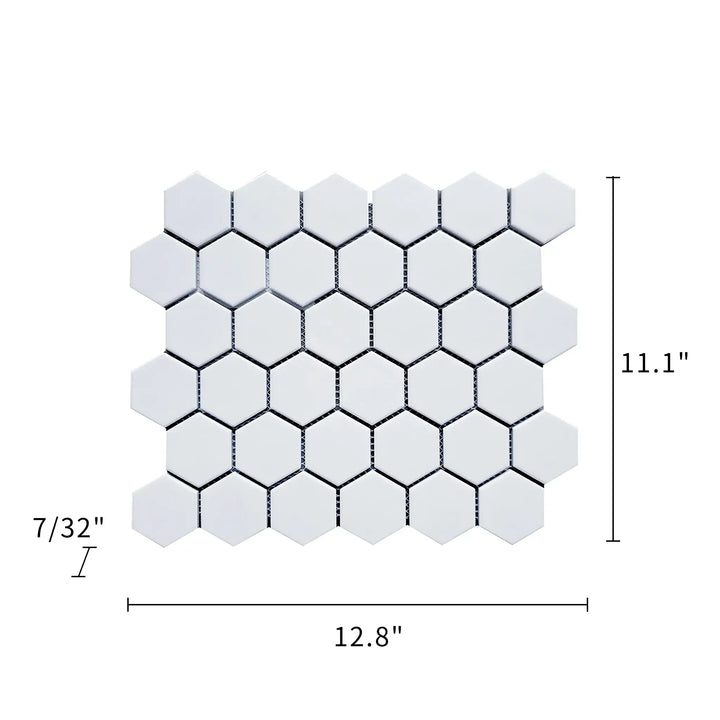 Size diagram of 13x11 inch Soft Gray Matte Porcelain Hexagon Mosaic Tile – labeled with tile dimensions and coverage.