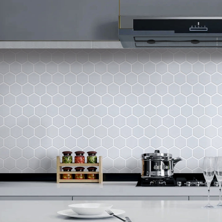 Kitchen backsplash using Soft Gray Hexagon Matte Porcelain Mosaic Tile – modern and calming gray tone.