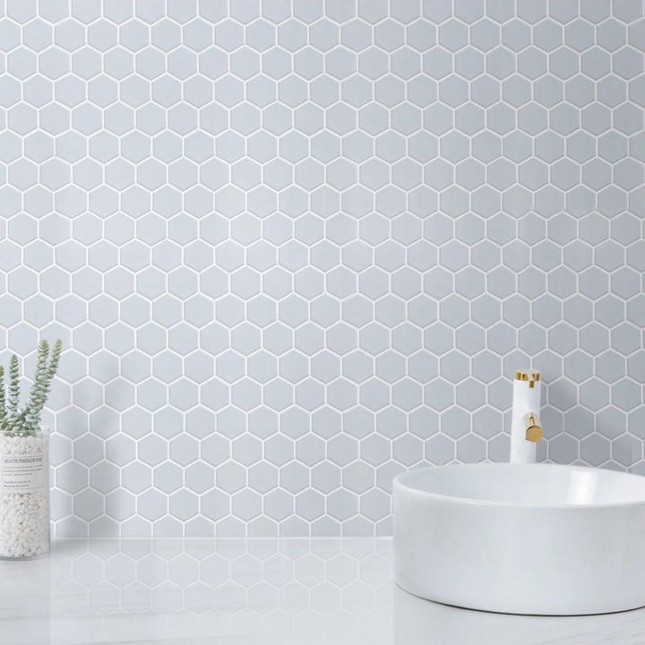 Bathroom wall accent with Soft Gray Hexagon Matte Porcelain Mosaic Tile – sleek and subtle gray geometric design