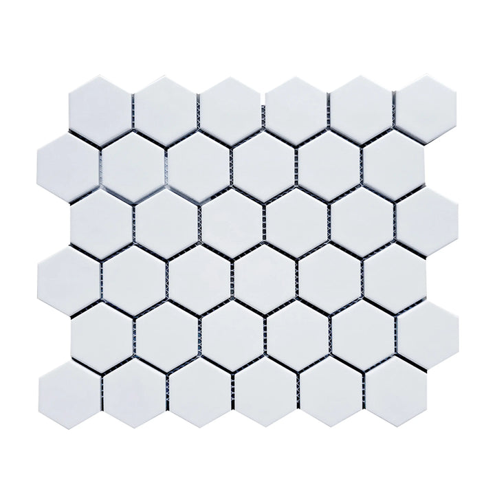 Single 13x11 inch Soft Gray Hexagon Matte Porcelain Mosaic Tile – subtle soft gray 2-inch hexagon pattern.