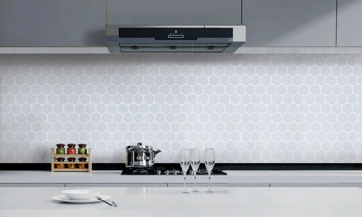 Kitchen backsplash using Soft Gray Hexagon Matte Porcelain Mosaic Tile – modern and calming gray tone.