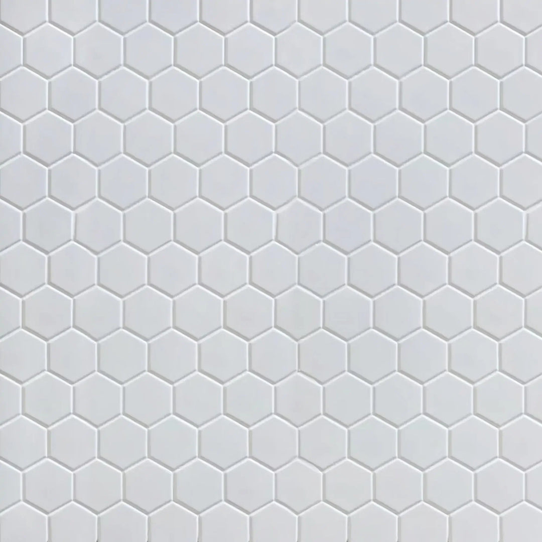 Sample board of White 2-in Hexagon Matte Porcelain Mosaic Tile – showroom-ready 12x12 inch sheet presentation for customer viewing.