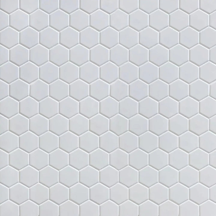 Sample board of White 2-in Hexagon Matte Porcelain Mosaic Tile – showroom-ready 12x12 inch sheet presentation for customer viewing.