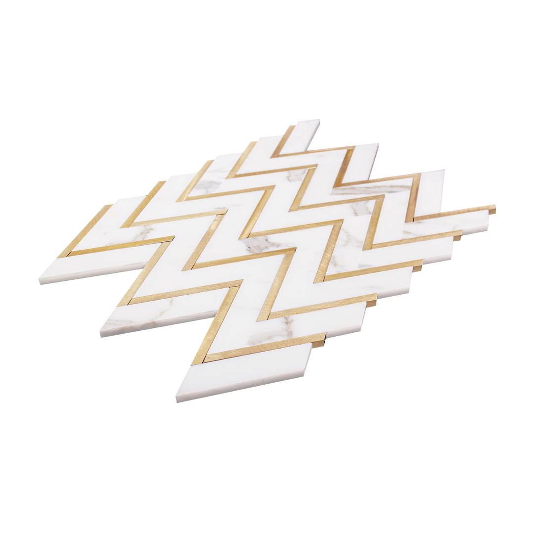 Zigzag Calacatta White with Gold Metal 13-in x 11-in Waterjet Mosaic Wall Tile(1-sq. ft/ Piece)