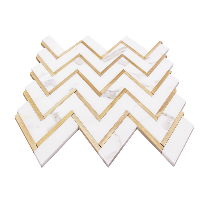 Zigzag Calacatta White with Gold Metal 13-in x 11-in Waterjet Mosaic Wall Tile(1-sq. ft/ Piece)