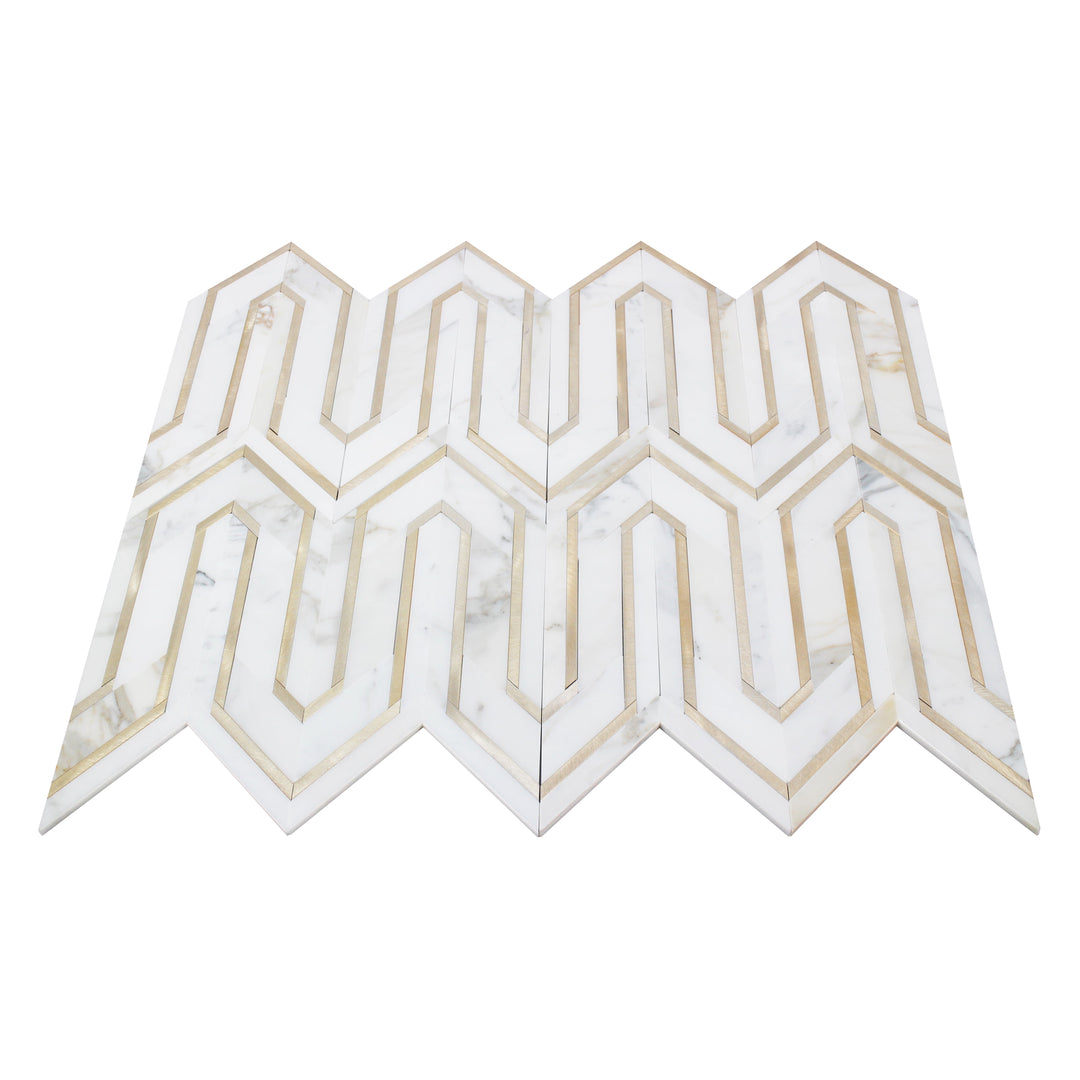 Arrows-Calacatta Gold with Gold Metal Accents 12-in x 9-in Polished Waterjet Mosaic Wall Tile(0.75-sq. ft/ Piece)
